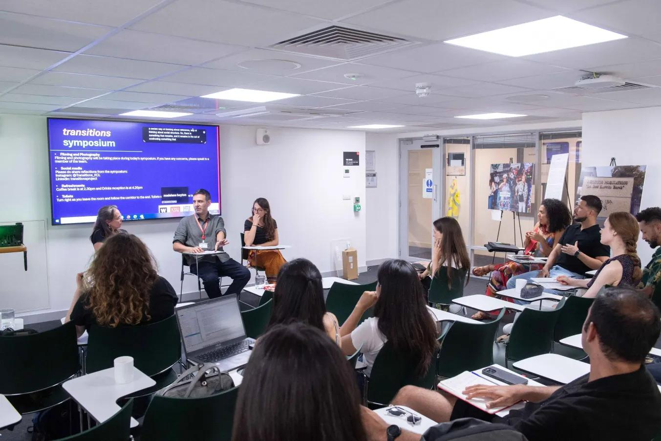 Dominique Béhague, Cristian Montenegro and Delia Da Mosto discussing transnational histories of psychiatric deinstitutionalisation